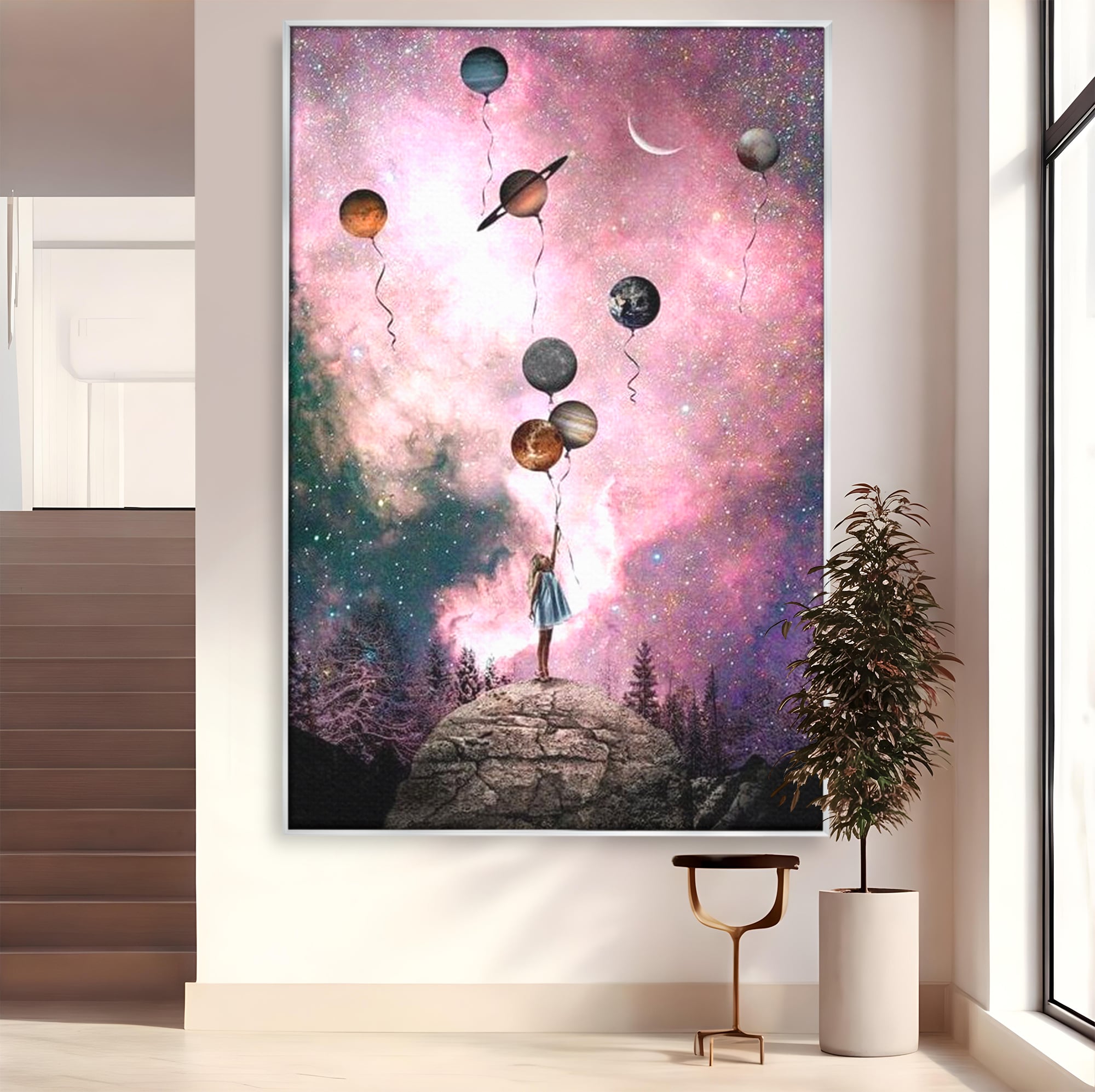 Tablou canvas cu ilustratie fetita tinand baloane planete, in rama de aluminiu argintiu